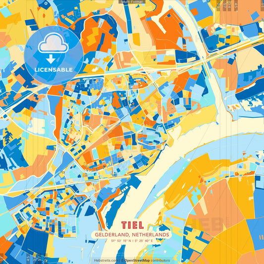 Tiel, Gelderland, Netherlands blue and orange vector art map template