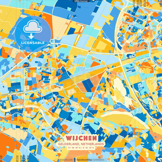 Wijchen, Gelderland, Netherlands blue and orange vector art map template