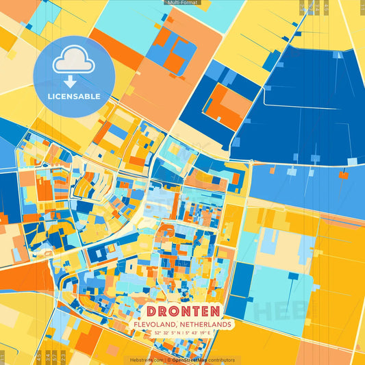 Dronten, Flevoland, Netherlands blue and orange vector art map template