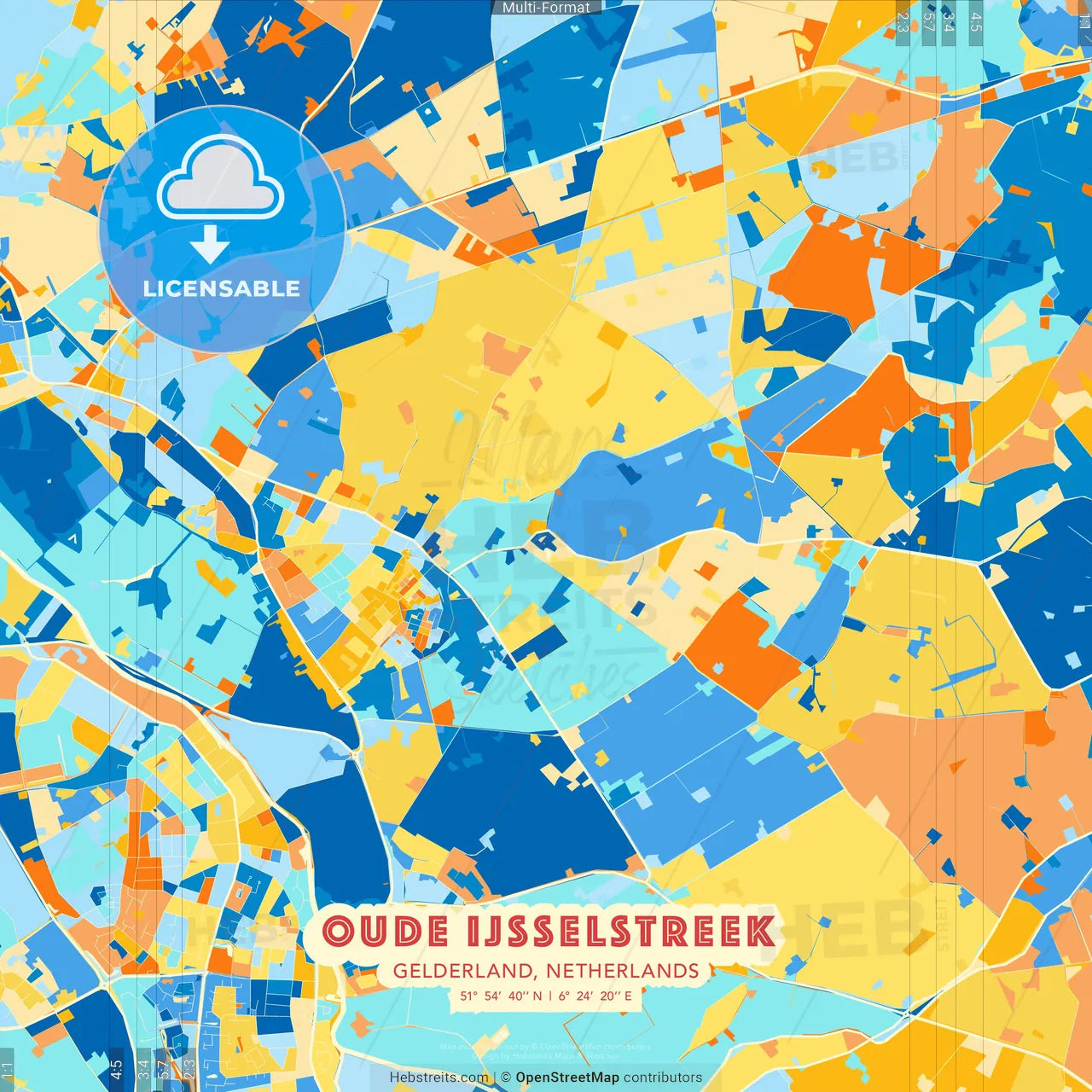 Oude IJsselstreek, Gelderland, Netherlands blue and orange vector art map template
