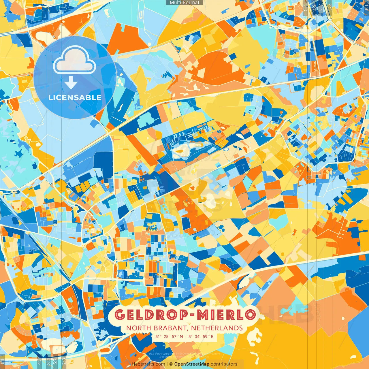 Geldrop-Mierlo, North Brabant, Netherlands blue and orange vector art map template