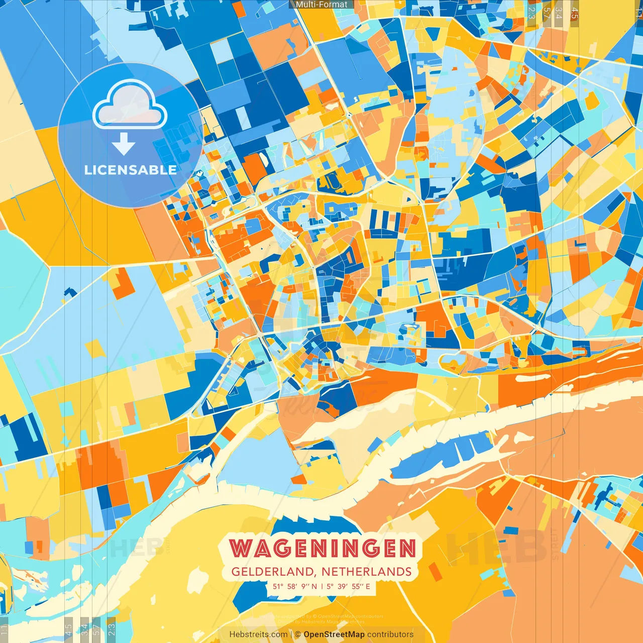 Wageningen, Gelderland, Netherlands blue and orange vector art map template