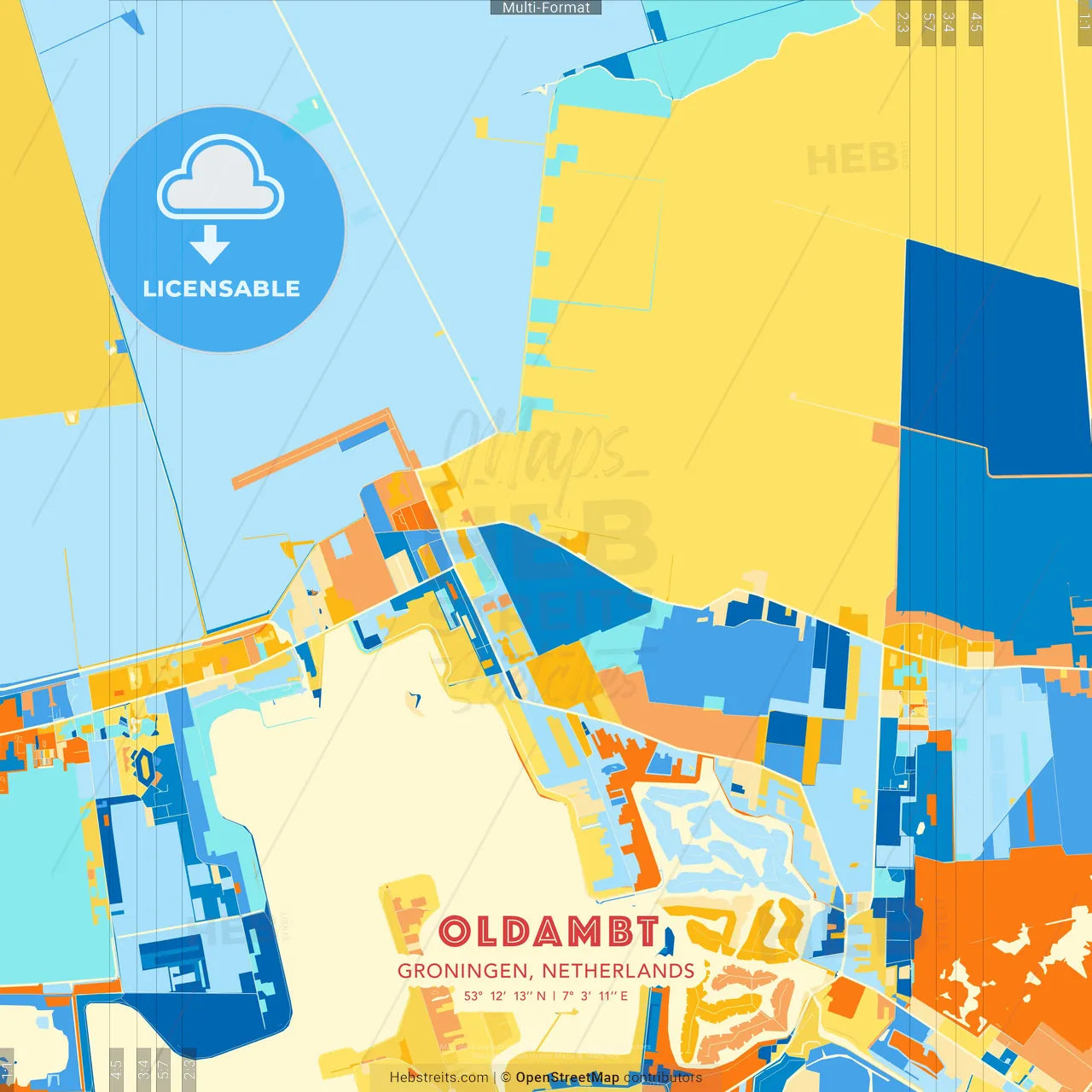 Oldambt, Groningen, Netherlands blue and orange vector art map template