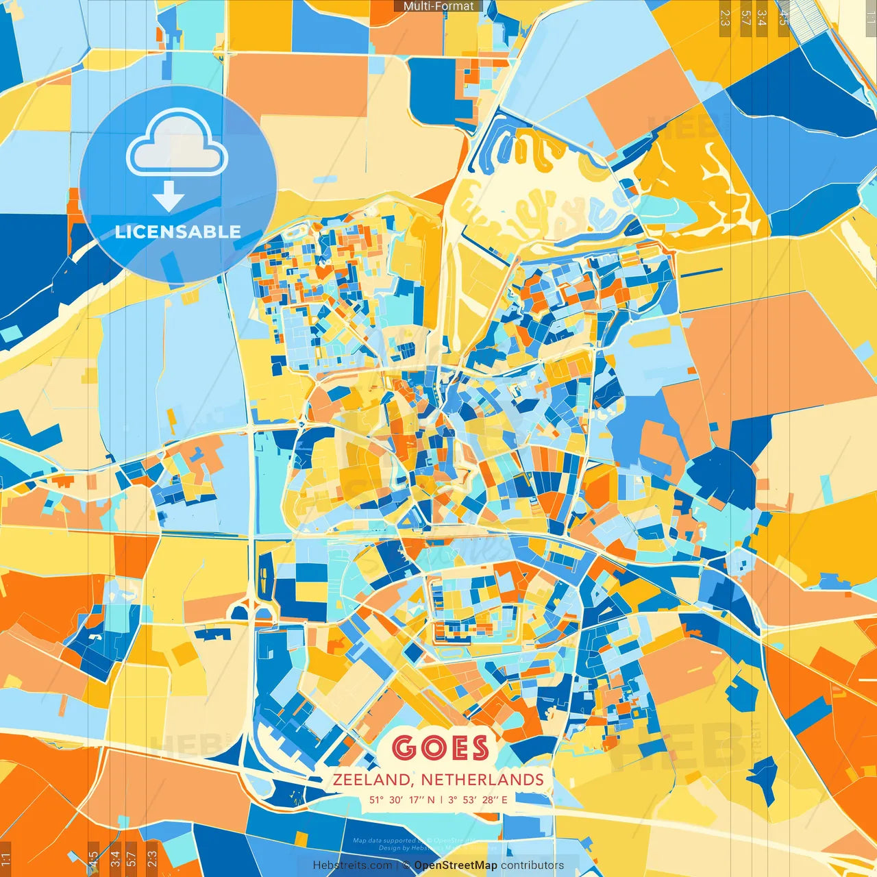 Goes, Zeeland, Netherlands blue and orange vector art map template