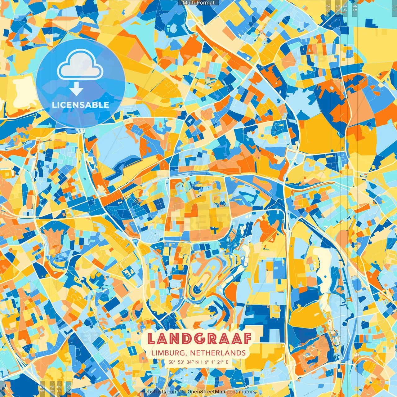 Landgraaf, Limburg, Netherlands blue and orange vector art map template