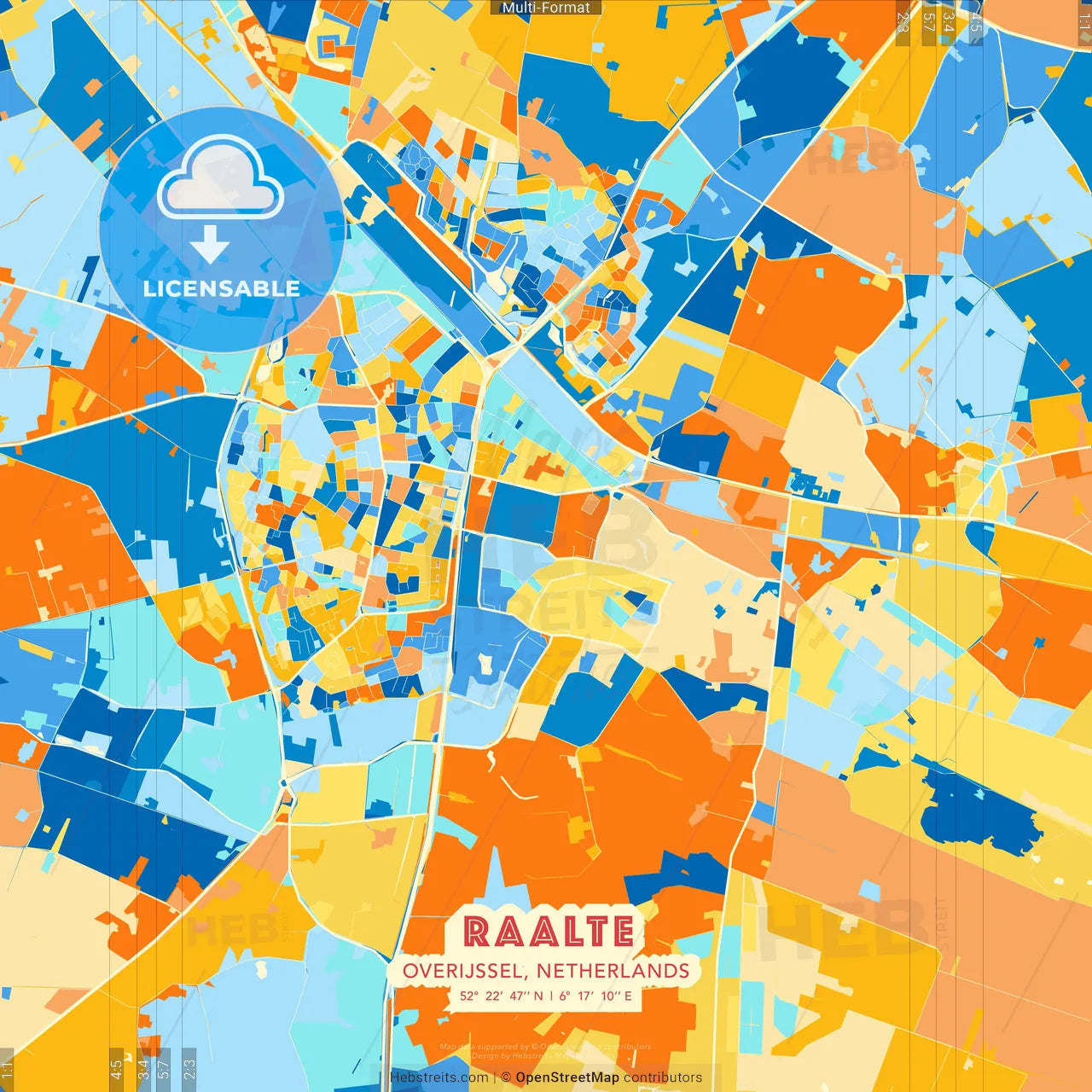 Raalte, Overijssel, Netherlands blue and orange vector art map template