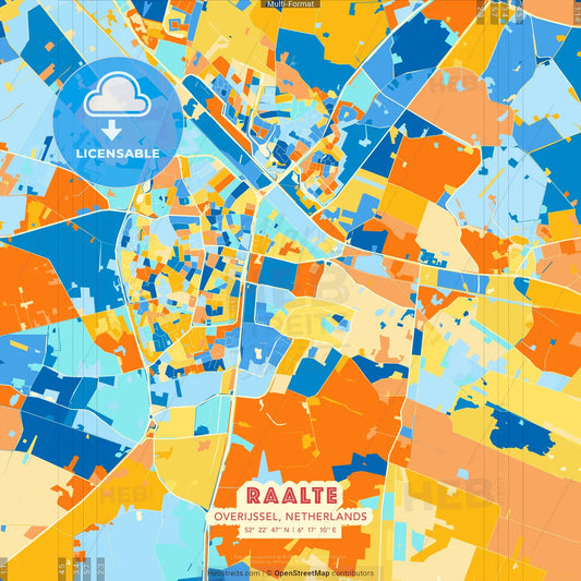 Raalte, Overijssel, Netherlands blue and orange vector art map template
