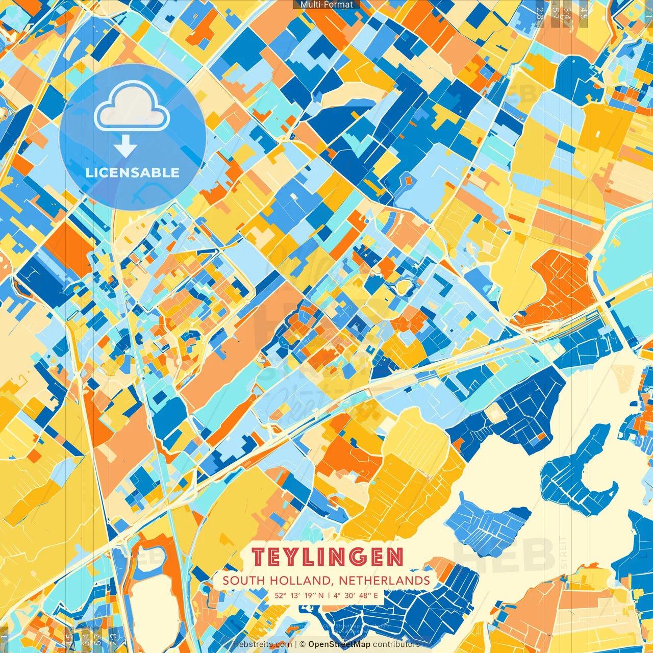 Teylingen, South Holland, Netherlands blue and orange vector art map template