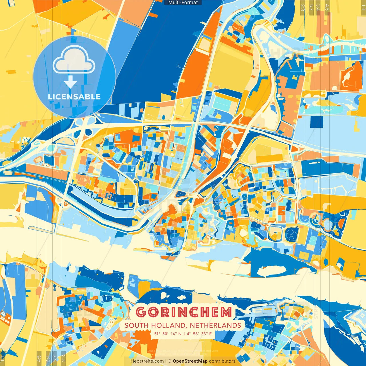 Gorinchem, South Holland, Netherlands blue and orange vector art map template