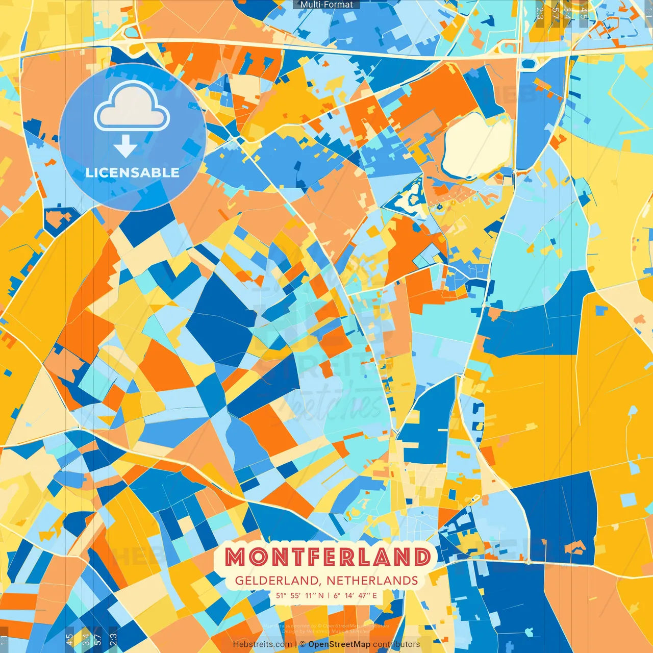 Montferland, Gelderland, Netherlands blue and orange vector art map template