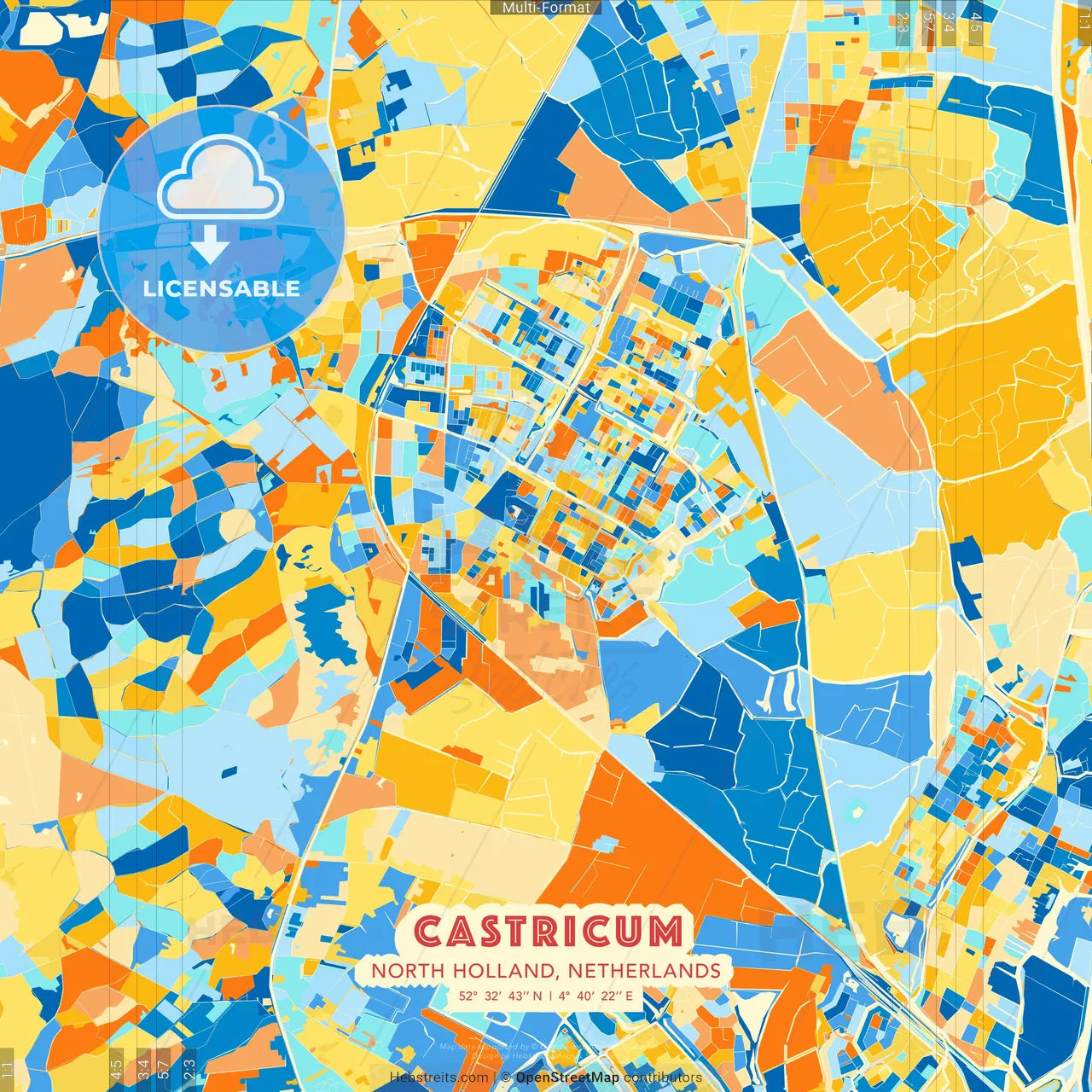 Castricum, North Holland, Netherlands blue and orange vector art map template