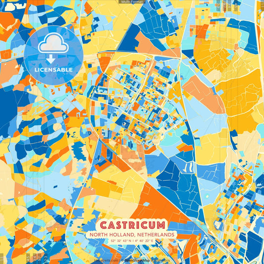 Castricum, North Holland, Netherlands blue and orange vector art map template