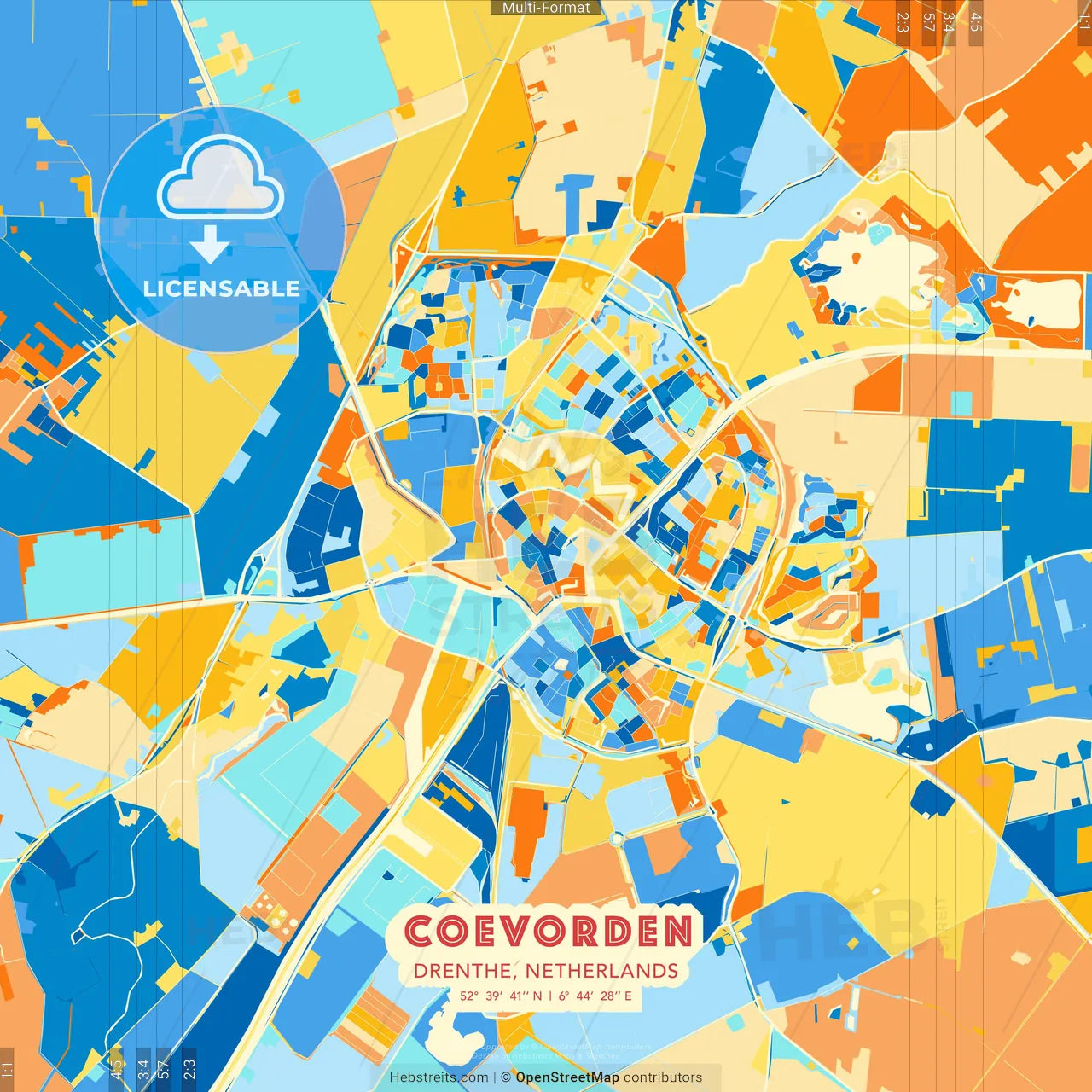 Coevorden, Drenthe, Netherlands blue and orange vector art map template