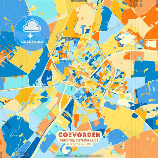 Coevorden, Drenthe, Netherlands blue and orange vector art map template