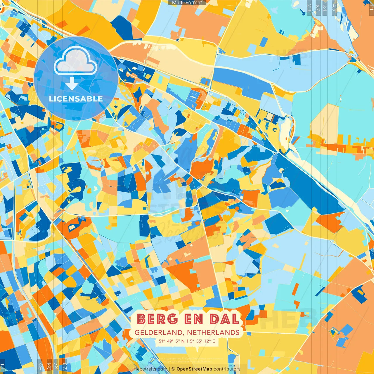 Berg en Dal, Gelderland, Netherlands blue and orange vector art map template