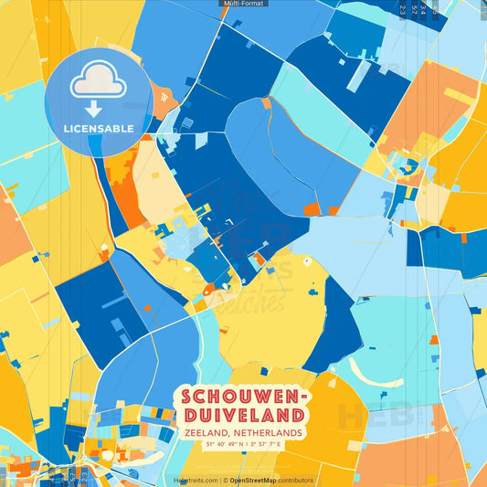 Schouwen-Duiveland, Zeeland, Netherlands blue and orange vector art map template