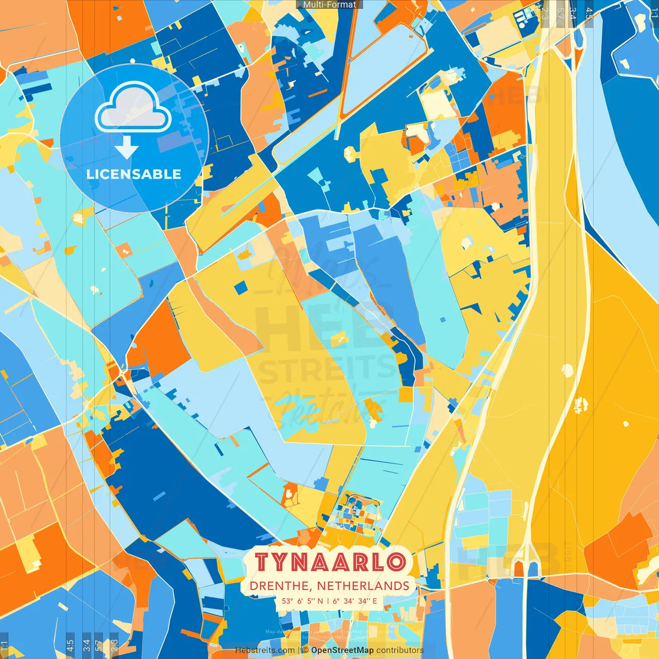 Tynaarlo, Drenthe, Netherlands blue and orange vector art map template