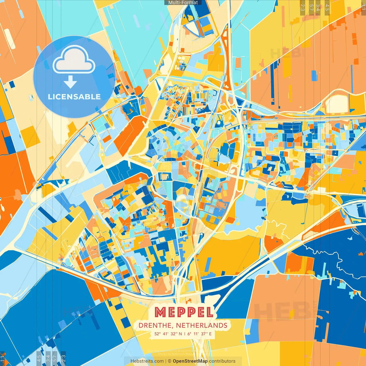 Meppel, Drenthe, Netherlands blue and orange vector art map template