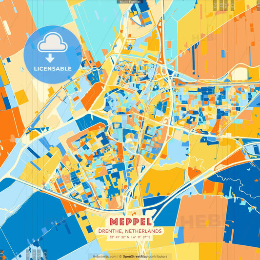 Meppel, Drenthe, Netherlands blue and orange vector art map template