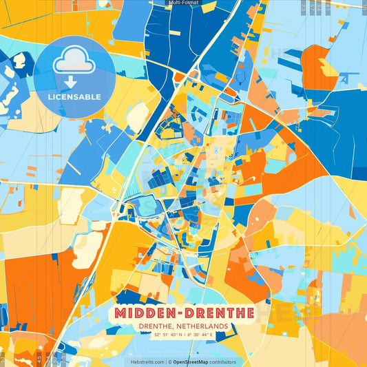 Midden-Drenthe, Drenthe, Netherlands blue and orange vector art map template