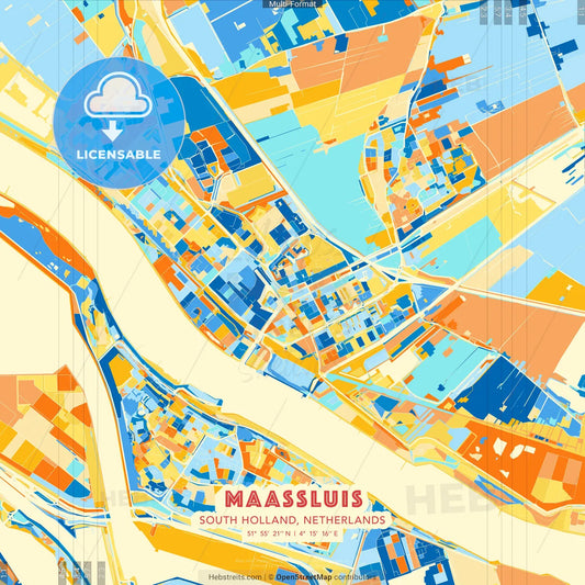 Maassluis, South Holland, Netherlands blue and orange vector art map template