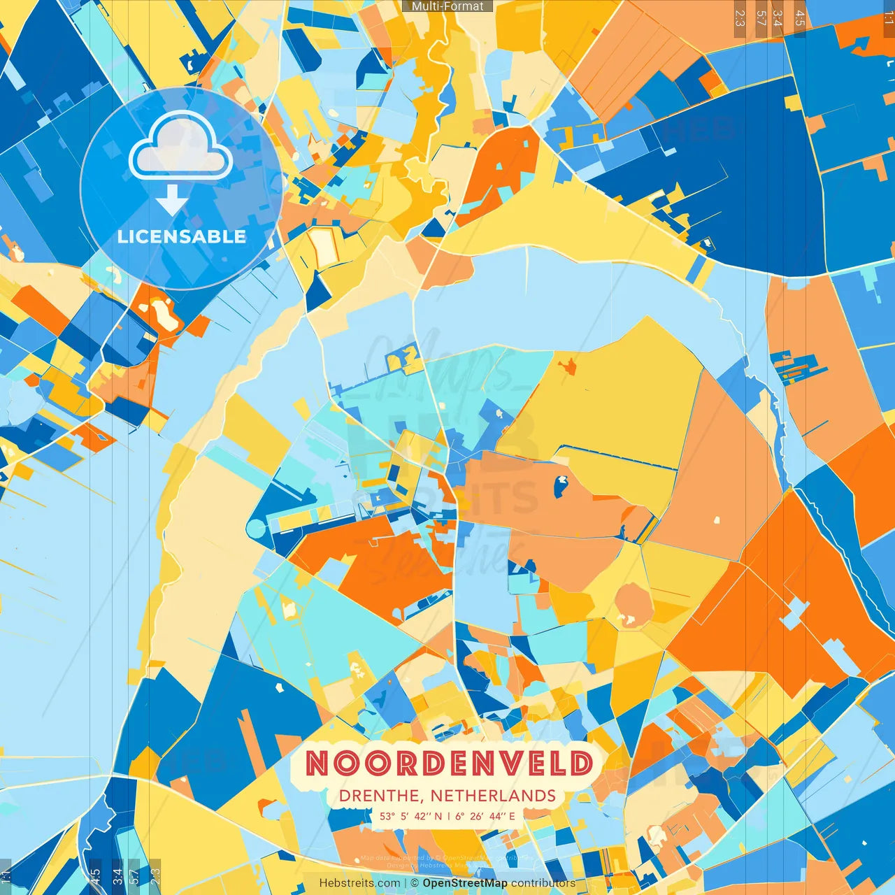 Noordenveld, Drenthe, Netherlands blue and orange vector art map template