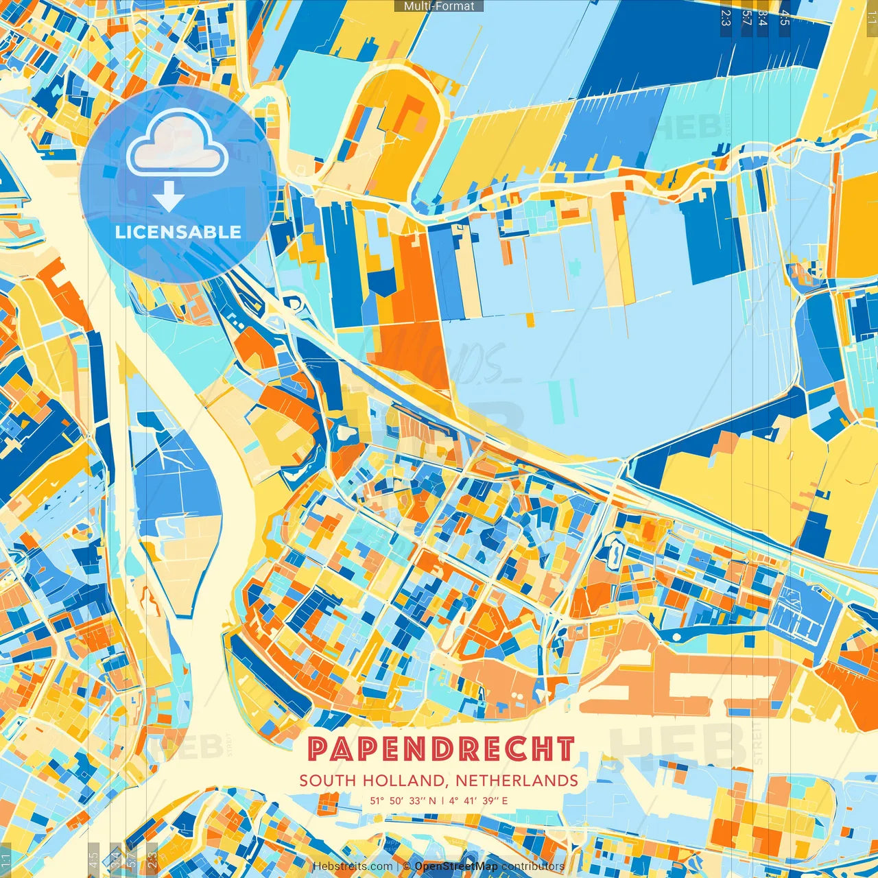 Papendrecht, South Holland, Netherlands blue and orange vector art map template