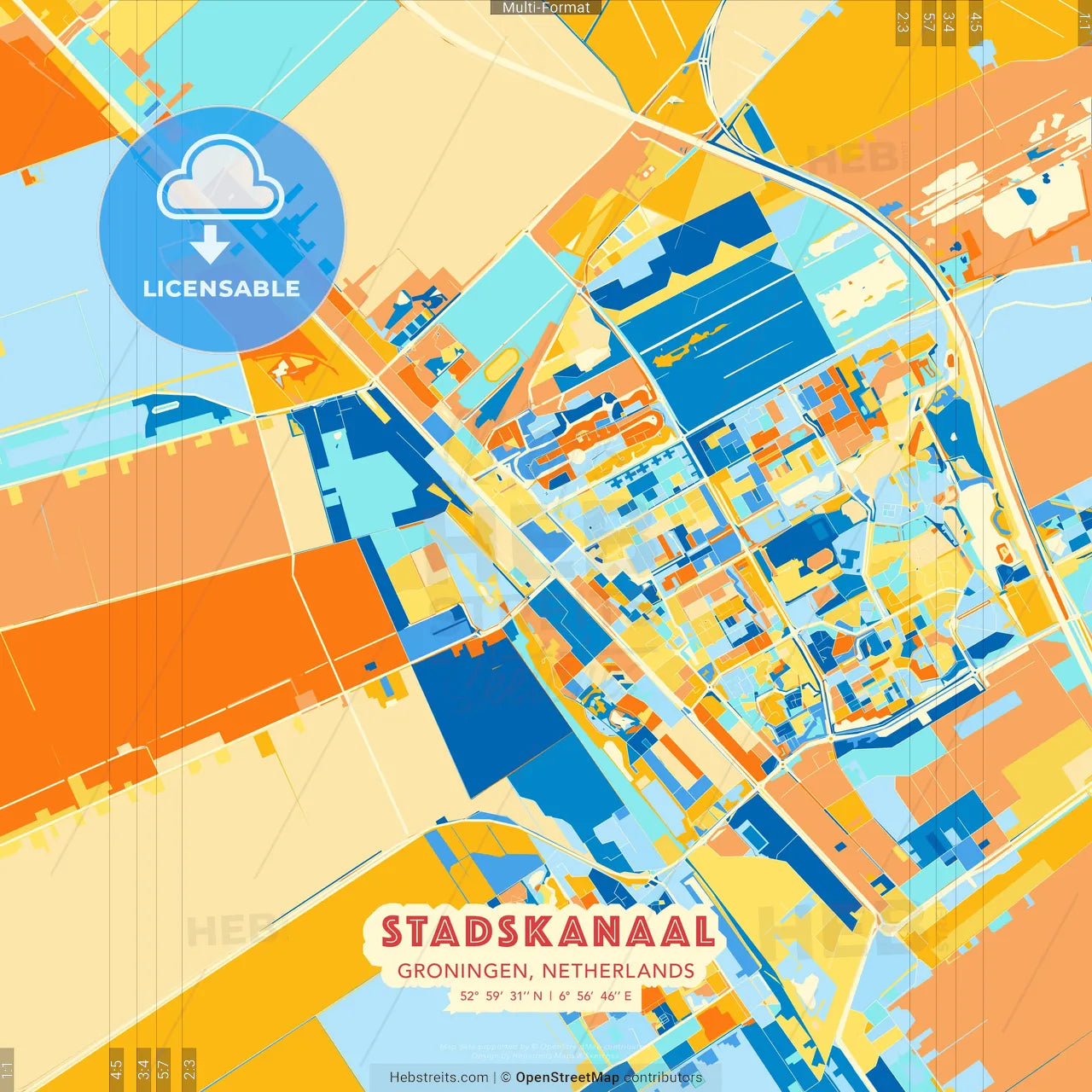 Stadskanaal, Groningen, Netherlands blue and orange vector art map template