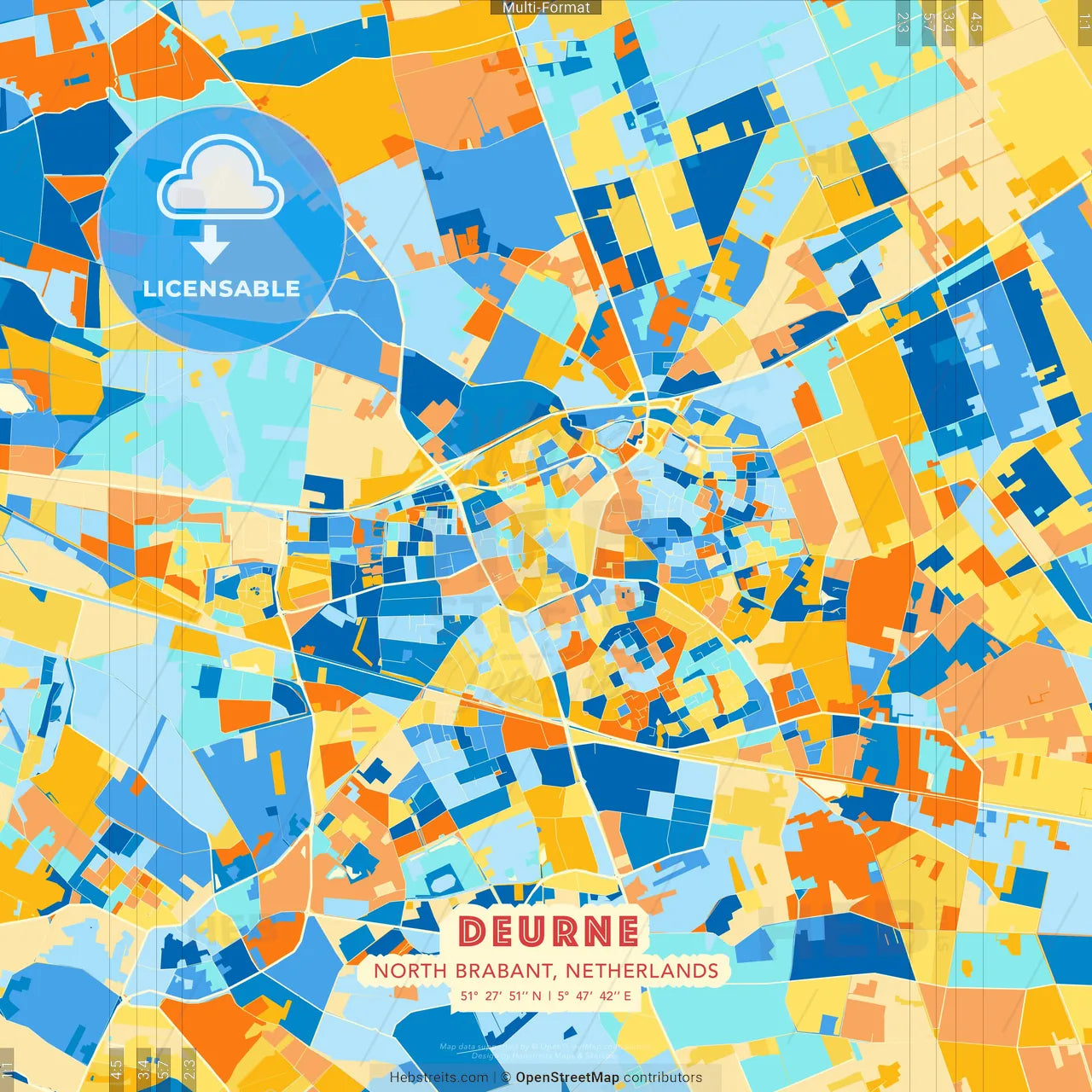 Deurne, North Brabant, Netherlands blue and orange vector art map template