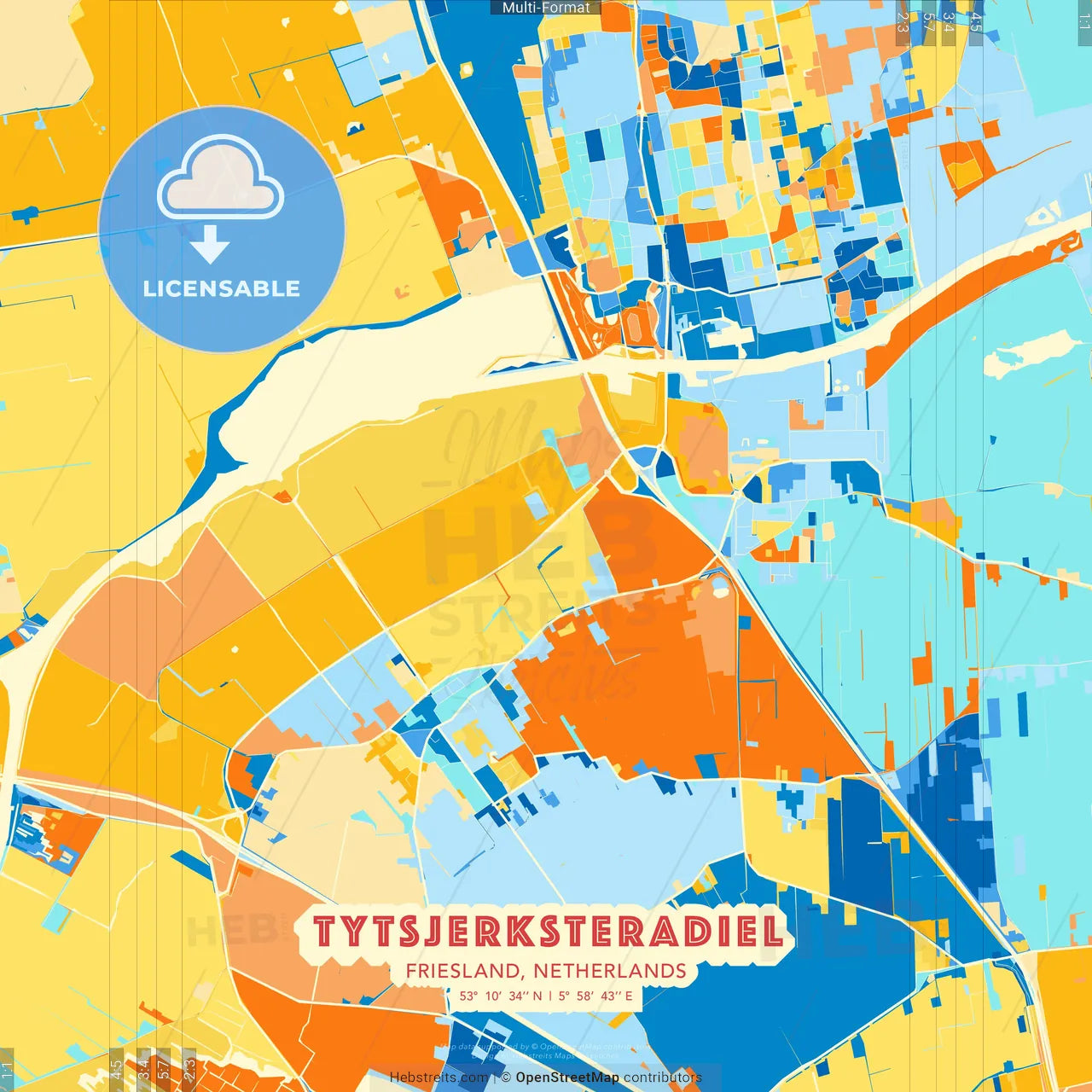 Tytsjerksteradiel, Friesland, Netherlands blue and orange vector art map template