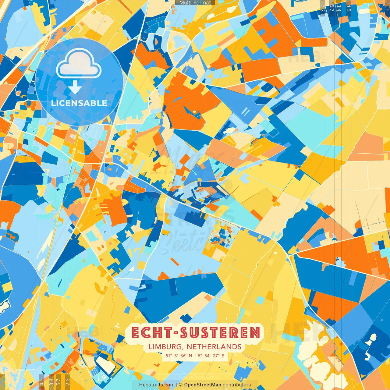 Echt-Susteren, Limburg, Netherlands blue and orange vector art map template