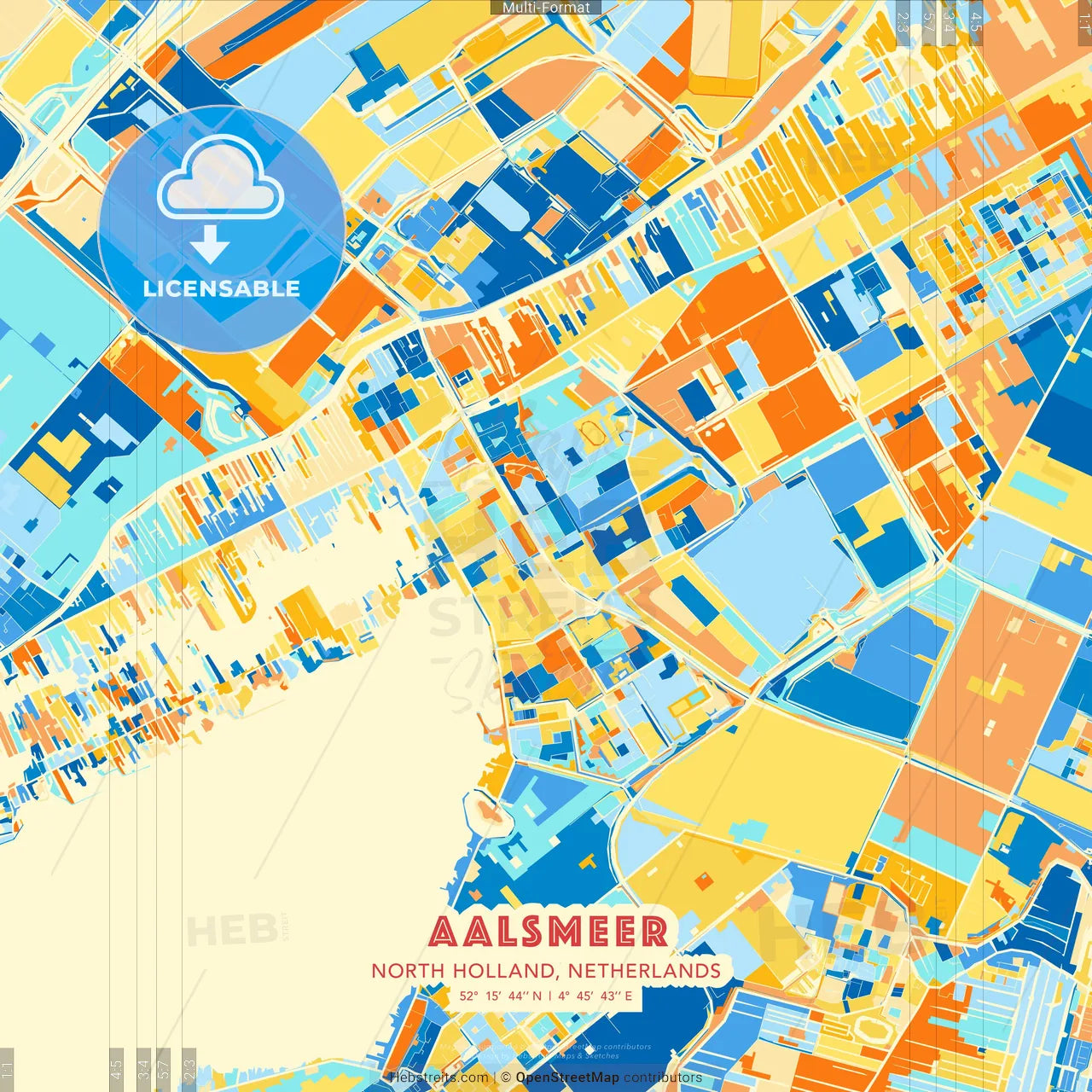Aalsmeer, North Holland, Netherlands blue and orange vector art map template