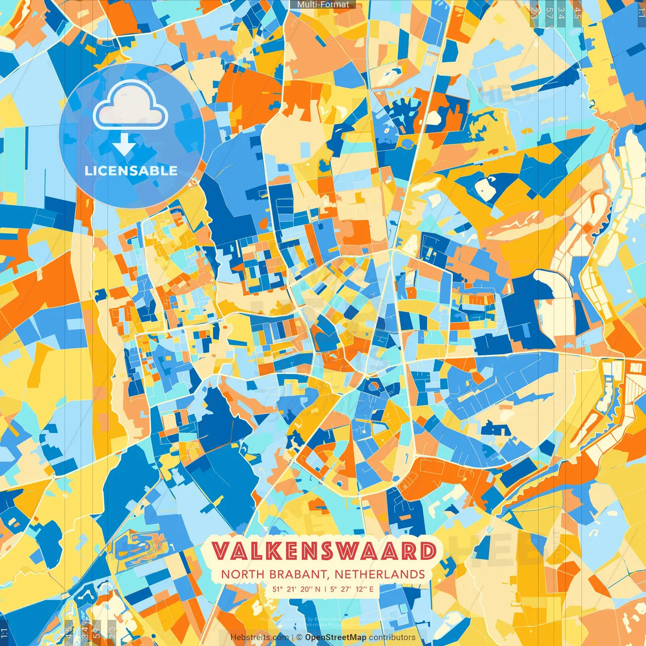 Valkenswaard, North Brabant, Netherlands blue and orange vector art map template