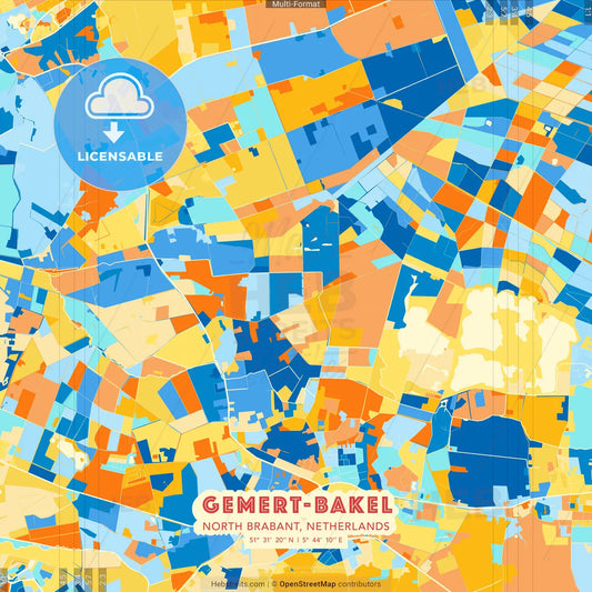 Gemert-Bakel, North Brabant, Netherlands blue and orange vector art map template