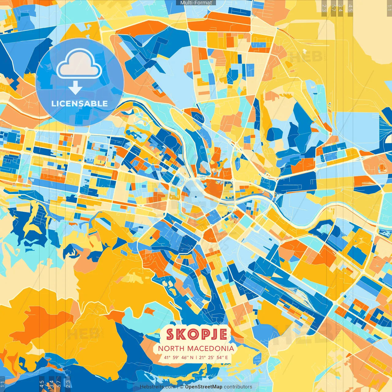 Skopje, North Macedonia blue and orange vector art map template