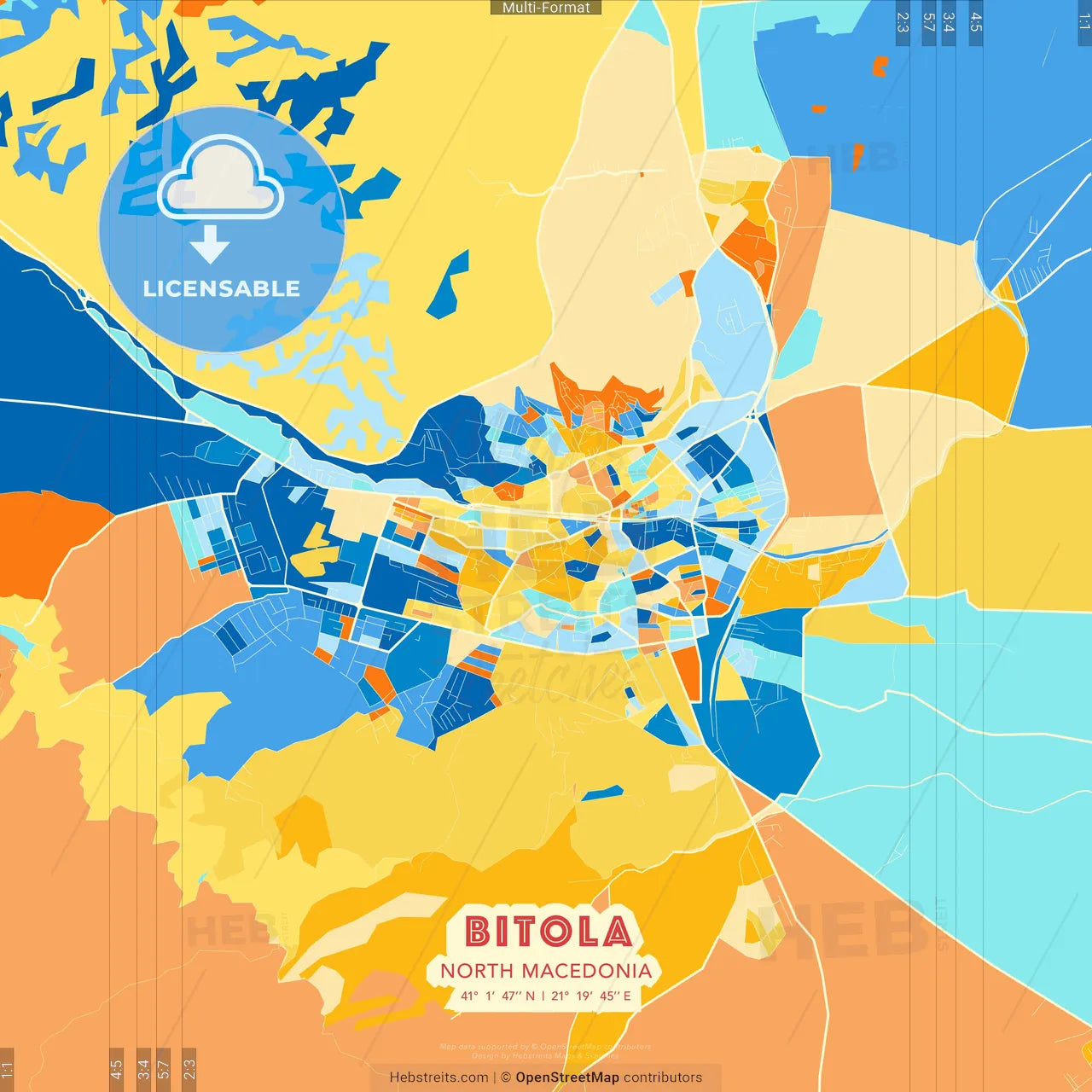 Bitola, North Macedonia blue and orange vector art map template