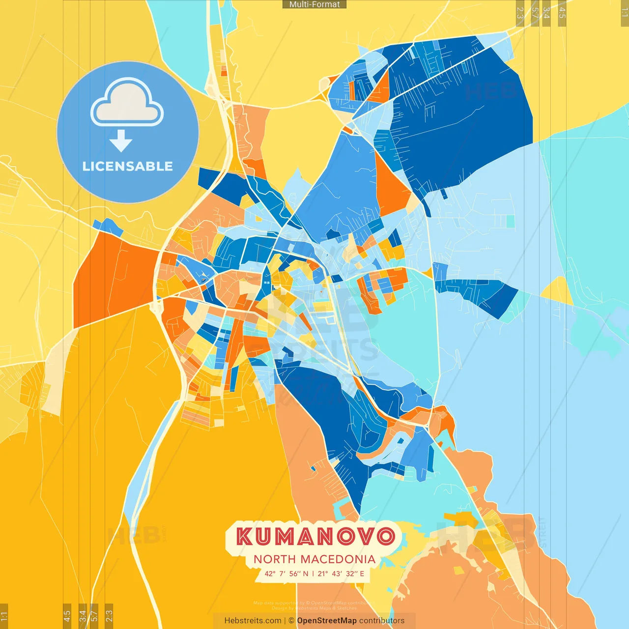 Kumanovo, North Macedonia blue and orange vector art map template