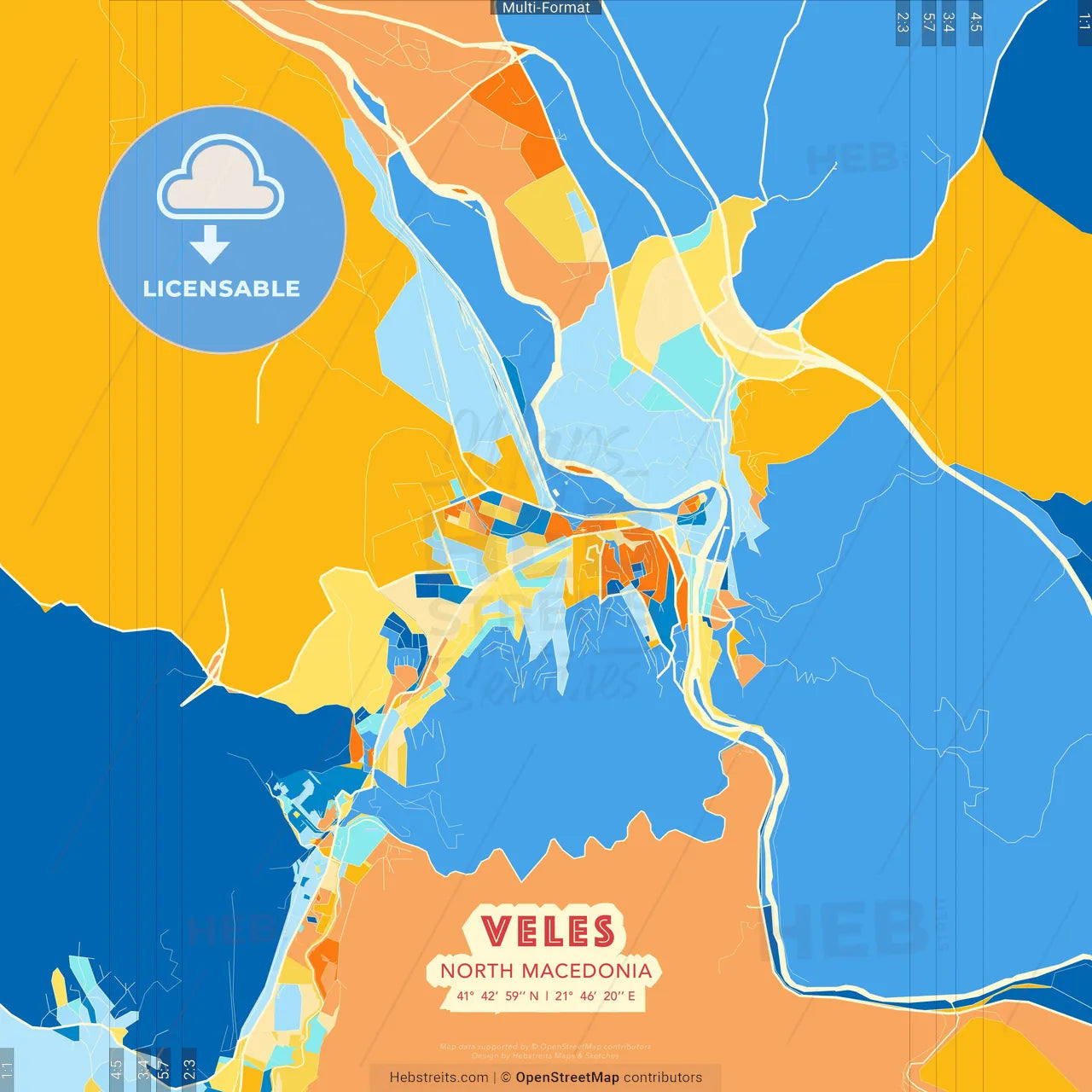 Veles, North Macedonia blue and orange vector art map template