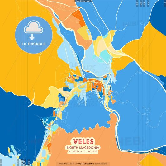 Veles, North Macedonia blue and orange vector art map template
