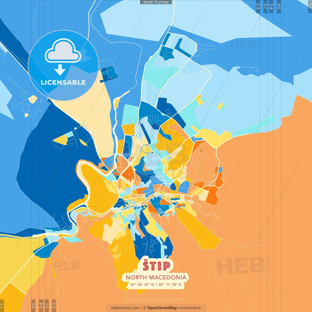 Štip, North Macedonia blue and orange vector art map template