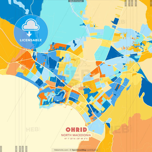 Ohrid, North Macedonia blue and orange vector art map template
