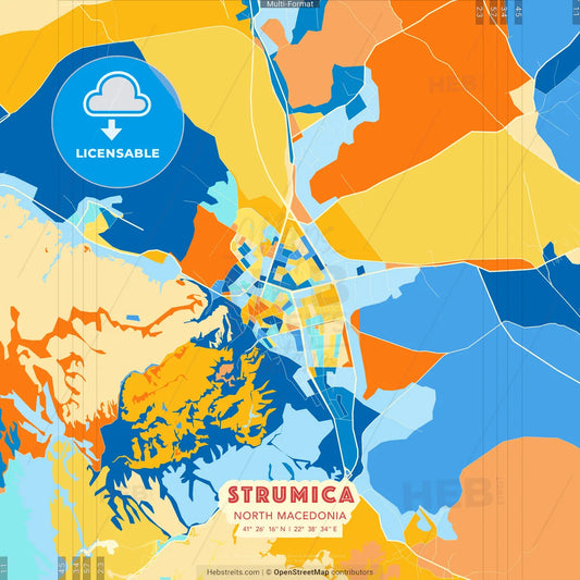 Strumica, North Macedonia blue and orange vector art map template