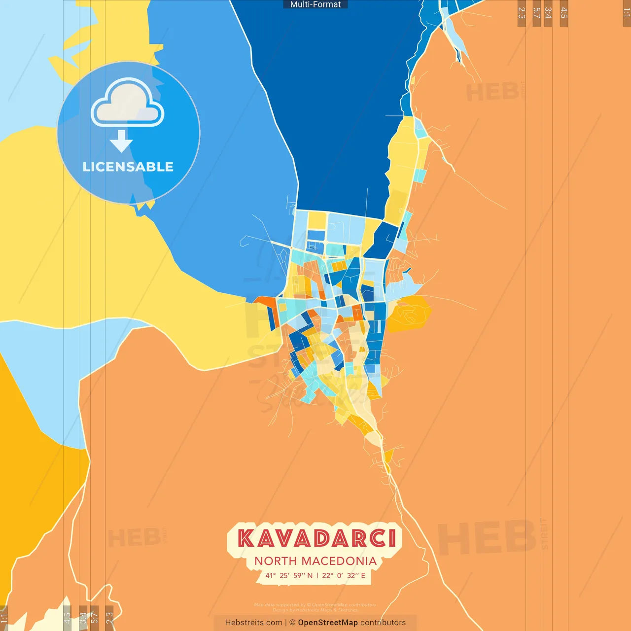 Kavadarci, North Macedonia blue and orange vector art map template