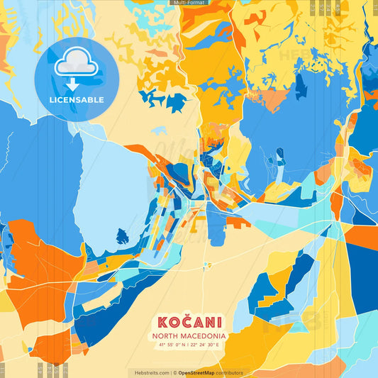 Kočani, North Macedonia blue and orange vector art map template