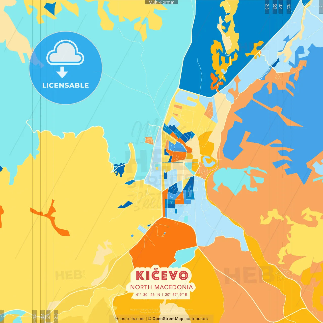 Kičevo, North Macedonia blue and orange vector art map template