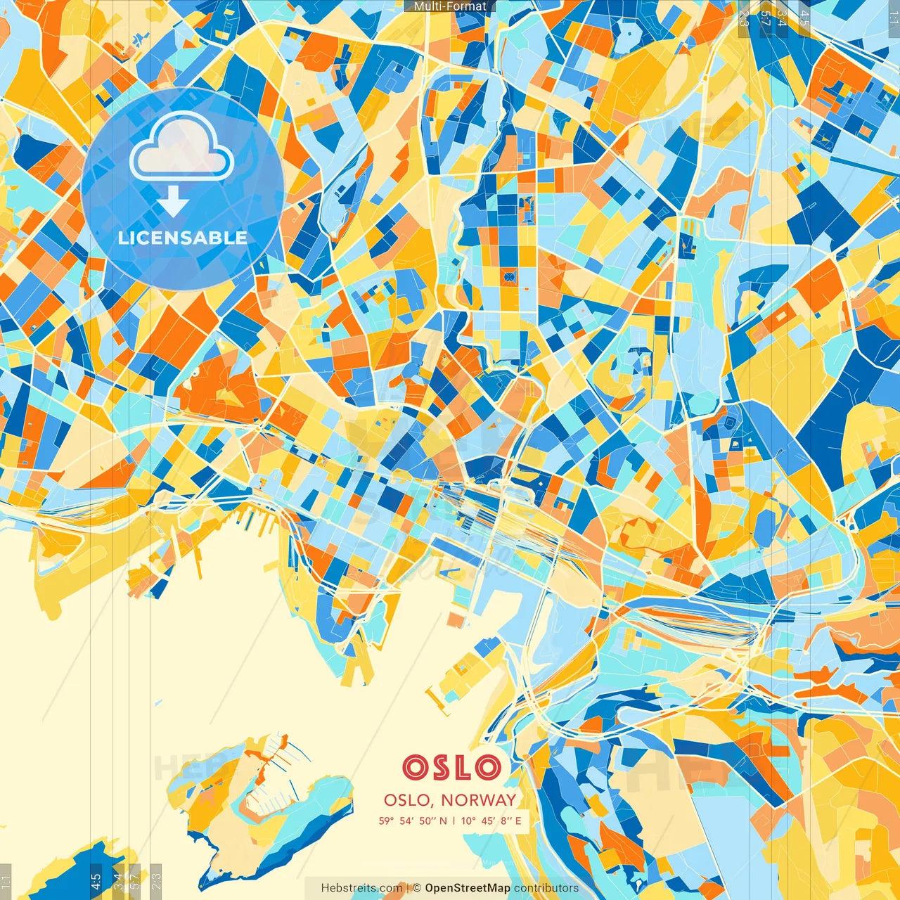 Oslo, Oslo, Norway blue and orange vector art map template