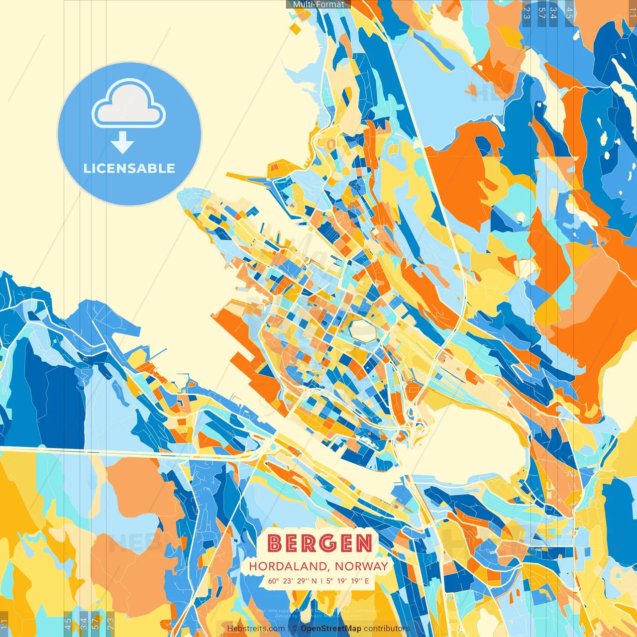 Bergen, Hordaland, Norway blue and orange vector art map template