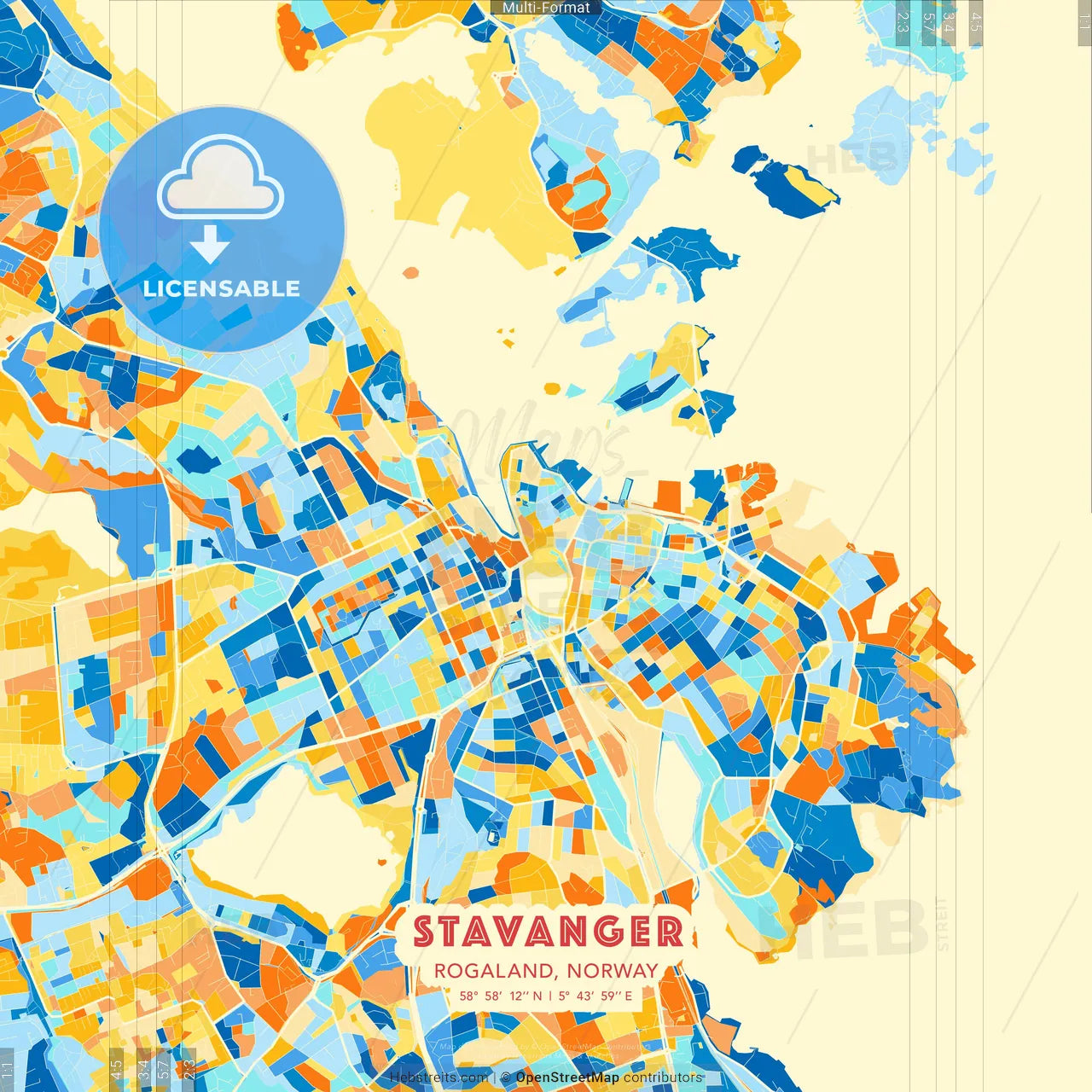 Stavanger, Rogaland, Norway blue and orange vector art map template