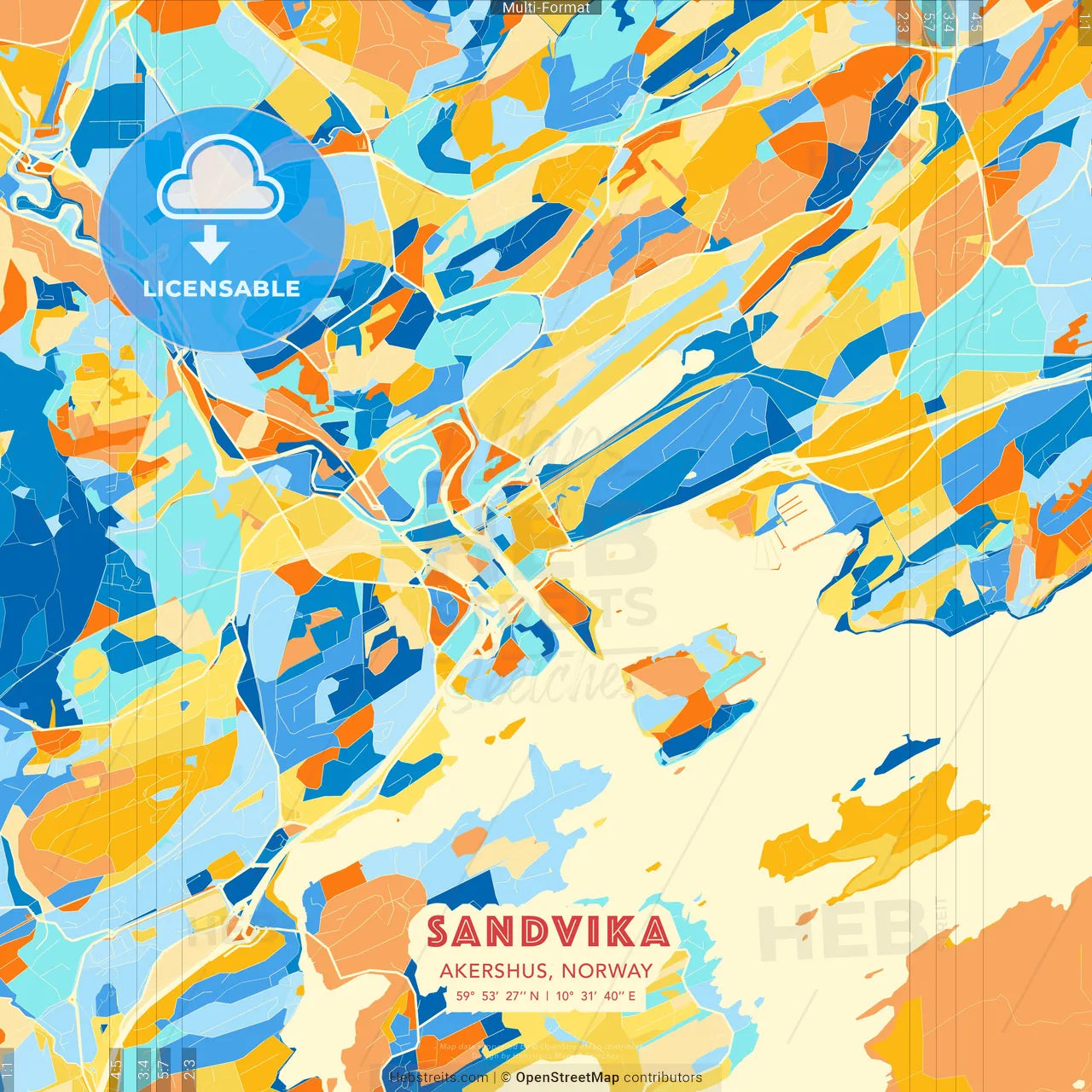 Sandvika, Akershus, Norway blue and orange vector art map template
