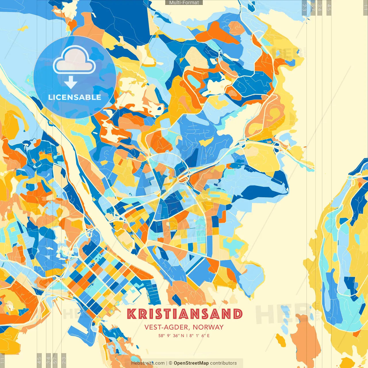 Kristiansand, Vest-Agder, Norway blue and orange vector art map template